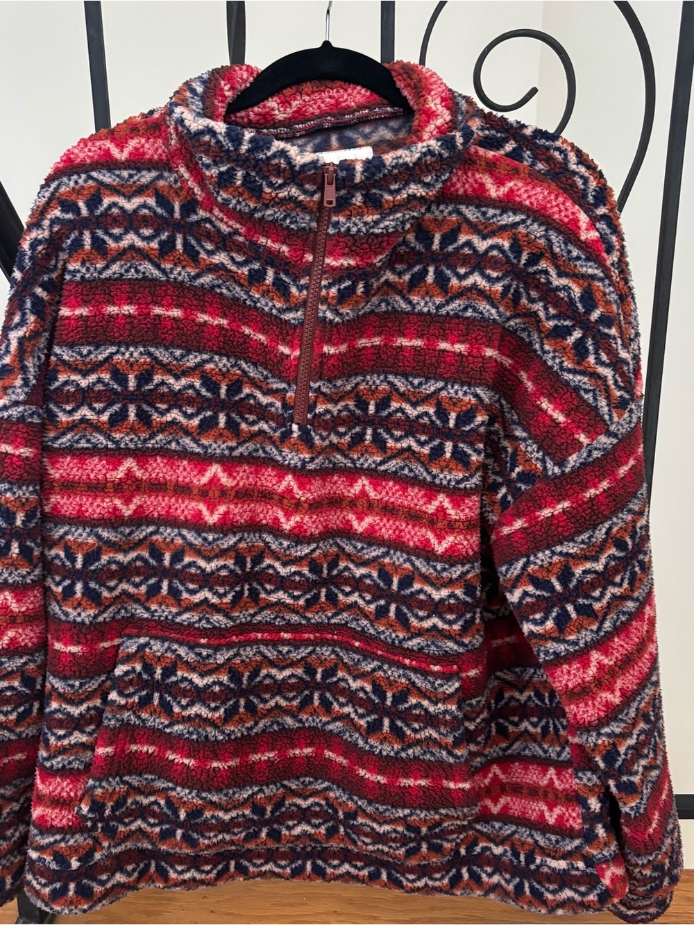 American Eagle Outfitters Red and Navy Patterned Half-Zip Sherpa Pullover